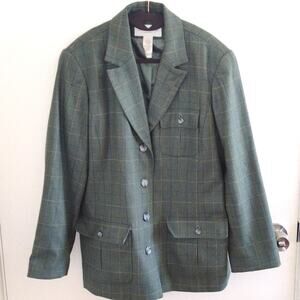 Liz Claiborne Lizsport Wool Blend Plaid Check Green Academia Blazer Jacket Sz 4